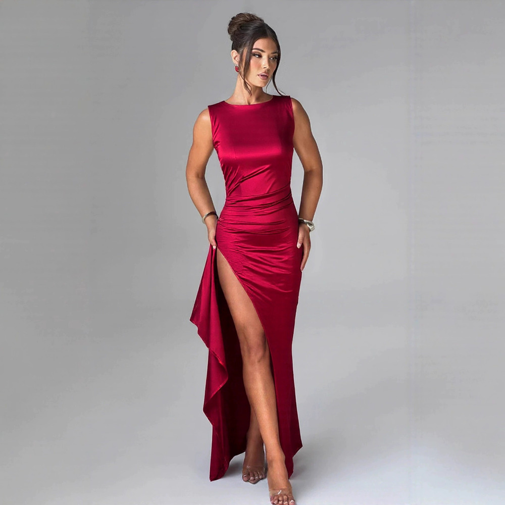 Zara Backless Round Neck Sleeveless High Slit Bodycon Dress Evening Gown